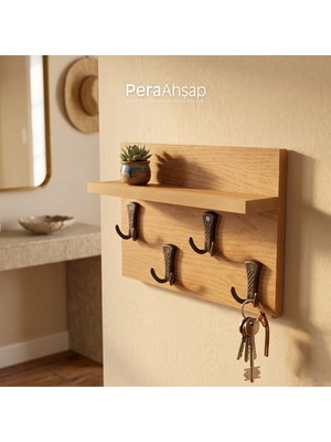 Pera Wooden Row Tek Raflı 4 Kancalı Duvar Askılığı Anahtarlık Organizer 37X25 cm
