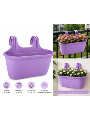 Abnturk Pratik Dayanıklı Şık 6,3lt Lila Sahra Askılı Saksı 38X27X26CM Balkon Korkuluk Dekoratif Askılı Sepet