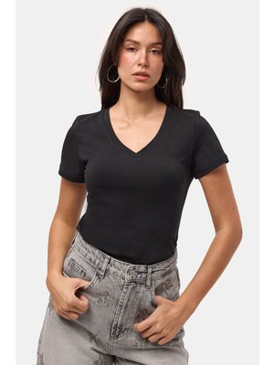 It's Basic Kadın Siyah S6-1 V Yaka %100 Organik Pamuk Esnek Kumaş T-Shirt