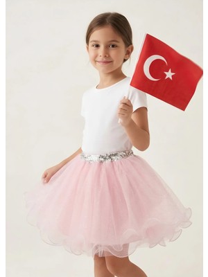 Ince Bebe Kız Çocuk Pembe Simli Kabarık Tütü Abiye Etek 6-10 Yaş