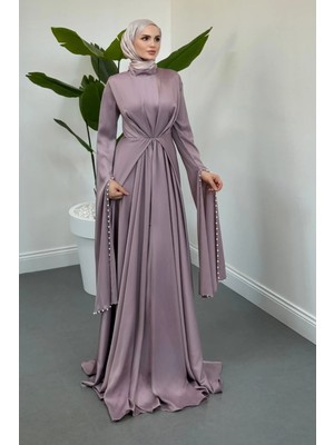 Merven Akyüz Favella Kolları Incili Yırtmaçlı Saten Abiye Lila