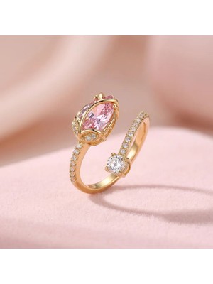 Fashion Pembe Markiz Taşlı Ayarlanabilir Kadın Yüzük – Gold Renk Zirkon Taşlı Zarif Yüzük