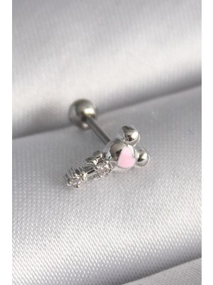 ALK Mey Ithalat® 316L Çelik Gümüş Renk Zirkon Taş Detay Pembe Kalp Işleme Tragus Piercing