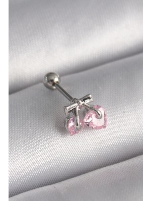 ALK Mey Ithalat® 316L Çelik Gümüş Renk Pembe Zirkon Taşlı Kalp Tragus Piercing