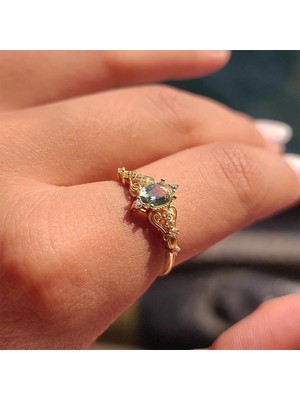 Fasek Gold Evlilik Teklifi Altın Yüzük - 0.50 Karat Fox Love Oval Su Yeşili Taşlı Prenses 14 Ayar Altın Yüzük