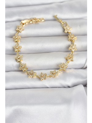 ALK Mey Ithalat® Pirinç Gold Renk Zirkon Taşlı Sıralı Yıldız Model Kadın Bileklik
