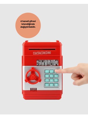Vuralsin38 Şifreli Kırmızı Atm Tasarımlı Çelik Kasa Görünümlü Kumbara