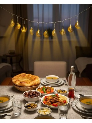 Vuralsin38 Pilli Minareli Hilal LED Işık Gold Metal Ramazan Dekorasyonu