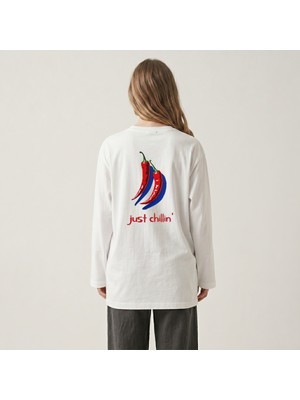 Nubarco Beyaz Oversize Geniş Kesim Uzun Kollu %100 Pamuk Yazlık Baskılı Tshirt