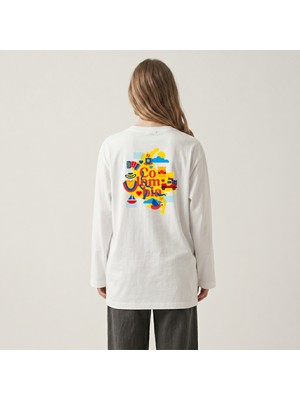 Nubarco Beyaz Oversize Geniş Kesim Uzun Kollu %100 Pamuk Yazlık Baskılı Tshirt