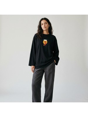 Nubarco Siyah Oversize Geniş Kesim Uzun Kollu %100 Pamuk Yazlık Baskılı Tshirt