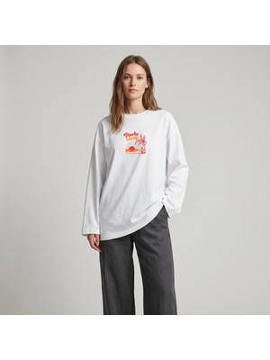 Nubarco Beyaz Oversize Geniş Kesim Uzun Kollu %100 Pamuk Yazlık Baskılı Tshirt