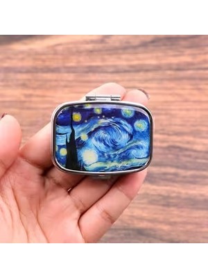 Zurafa Shop Van Gogh Temalı Mavi Ay  Mini Vintage Saklama Kutusu – Dekoratif Metal Organizer