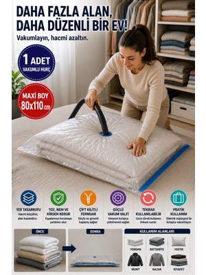 Open City Maxi Boy Vakumlu Hurç 80X110 cm 1 Adet Çift Kilitli Vakum Poşeti Yorgan Battaniye Saklama Çuvalı