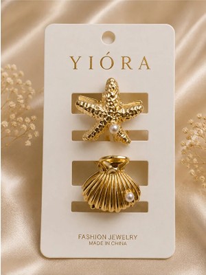 Yiora 2li Deniz Kabuğu& Deniz Yıldızı Gold Metal Mandal Toka Küçük Boy 2,5 cm Xsmall