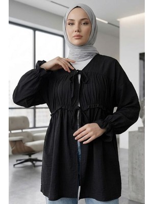 Modestim Kadın Ön Büzgülü Detaylı Kol Lastikli Bağlamalı Tesettür Siyah Kimono Hırka Tunik