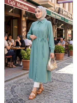 Modestim Kadın Tesettür Mint Boydan Düğmeli Uzun Tunik Arka Roba Omuz Pile Uzun Tesettür 120 cm Tunik
