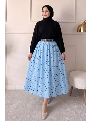 Modestim Kadın Trend Tesettür Puantiyeli Uzun Etek Mavi Kemerli Yüksek Bel Kloş Şık ve Günlük Etek