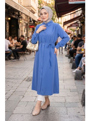 Modestim Kadın Tesettür Indigo Boydan Düğmeli Uzun Tunik Arka Roba Omuz Pile Uzun Tesettür 120 cm Tunik
