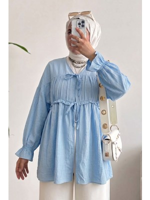 Modestim Kadın Ön Büzgülü Detaylı Kol Lastikli Bağlamalı Tesettür Mavi Kimono Hırka Tunik