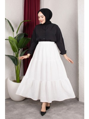 Modestim Kadın Ekru Kat Kat Müslin Kumaş Yazlık Beli Lastikli Tesettür Etek