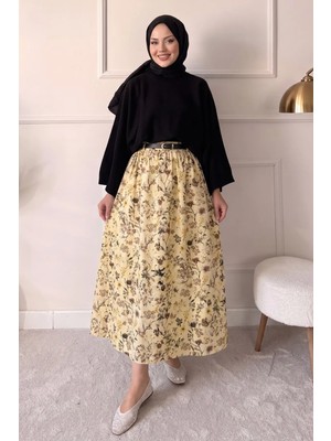 Modestim Trend Tesettür Sarı Çiçek Desenli Uzun Etek Kemerli Yüksek Bel Kloş Şık ve Günlük Tesettür Etek