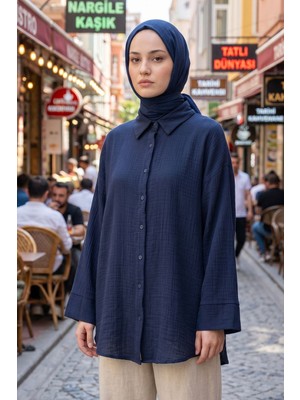 Modestim Kadın Lacivert Duble Geniş Kol Müslin Kumaş Yazlık Trend Tesettür Gömlek