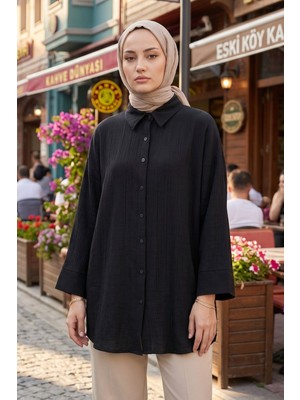 Modestim Kadın Siyah Duble Geniş Kol Müslin Kumaş Yazlık Trend Tesettür Gömlek