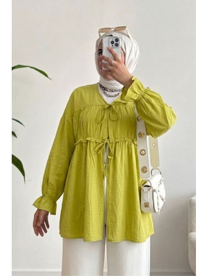 Modestim Kadın Ön Büzgülü Detaylı Kol Lastikli Bağlamalı Tesettür Yağ Yeşili Kimono Hırka Tunik