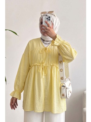 Modestim Kadın Ön Büzgülü Detaylı Kol Lastikli Bağlamalı Tesettür Sarı Kimono Hırka Tunik