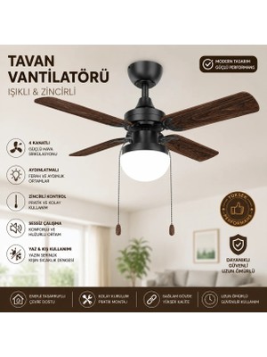 Fancium DKF-401 Aydınlatmalı Kahverengi Ahşap Kanatlı Tavan Vantilatörü 80 CM