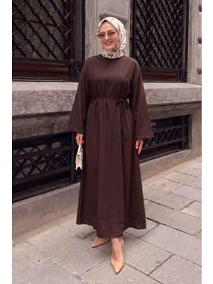 Modestim Trend Tesettür Kahve Cupro Elbise Kuşaklı Beli Bağlamalı Şık ve Günlük Uzun Elbise Sade Düz Elbise