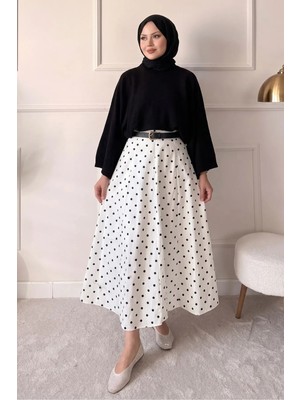 Modestim Kadın Trend Tesettür Puantiyeli Uzun Etek Ekru Kemerli Yüksek Bel Kloş Şık ve Günlük Etek
