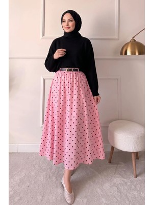 Modestim Kadın Trend Tesettür Puantiyeli Uzun Etek Pembe Kemerli Yüksek Bel Kloş Şık ve Günlük Etek