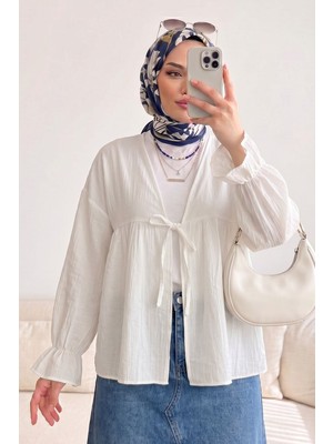 Modestim Kadın Roba Büzgülü Kol Lastik Ince Çilek Kumaş  Yazlık Trend Tesettür Ekru Kimono Hırka Tunik