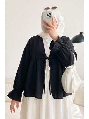 Modestim Kadın Roba Büzgülü Kol Lastik Ince Çilek Kumaş  Yazlık Trend Tesettür Siyah Kimono Hırka Tunik