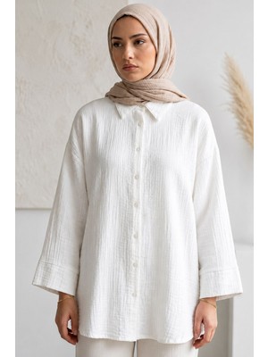 Modestim Kadın Ekru Duble Geniş Kol Müslin Kumaş Yazlık Trend Tesettür Gömlek