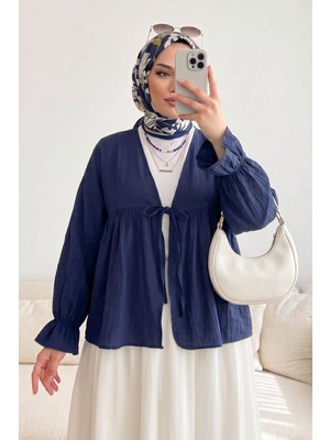 Modestim Kadın Roba Büzgülü Kol Lastik Ince Çilek Kumaş  Yazlık Trend Tesettür Lacivert Kimono Hırka Tunik