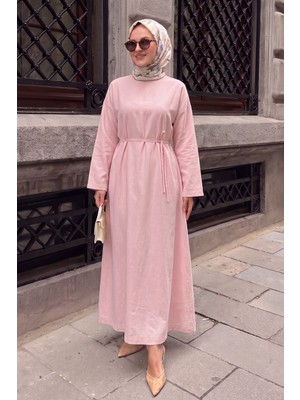 Modestim Trend Tesettür Pembe Cupro Elbise Kuşaklı Beli Bağlamalı Şık ve Günlük Uzun Elbise Sade Düz Elbise