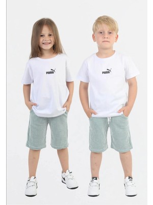 Mavi Boncukk Unisex Çocuk Beyaz Logo Baskılı Tişört ve Yeşil Çizgili Şort Yazlık Ikili Takım