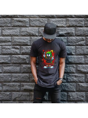 Aydogan's Marvin The Martian Graffiti Baskılı Unisex Siyah Tişört - 24/1 Penye Pamuklu