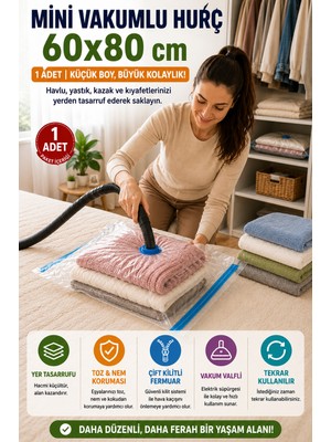 Open City Mini Boy Vakumlu Hurç 60X80 cm 1 Adet Vakum Poşeti Çift Kilitli Saklama Torbası Şeffaf Düzenleyici