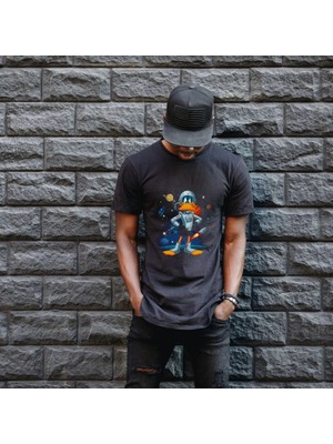 Aydogan's Duck Dodgers Uzay Baskılı Unisex Siyah Oversize Tişört - 24/1 Penye