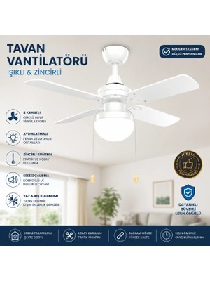 Fancium DKF-401 Aydınlatmalı Beyaz Ahşap Kanatlı Tavan Vantilatörü 80 CM