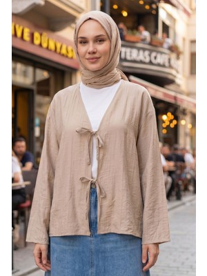 Modestim Kadın Vizon Ön Bağlamalı Yeni Sezon Tren Çilek Kumaş Ince Tesettür Kimono Tunik