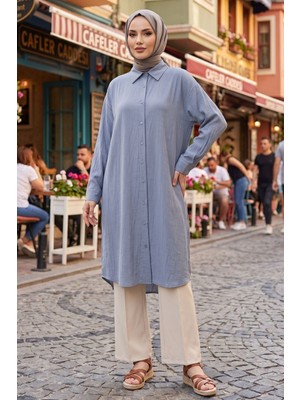 Modestim Kadın Gömlek Yaka Boydan Düğmeli Yazlık Çilek Kumaş 110 cm Gri Tesettür Uzun Tunik