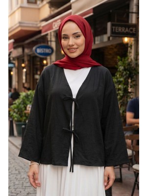 Modestim Kadın Siyah Ön Bağlamalı Yeni Sezon Tren Çilek Kumaş Ince Tesettür Kimono Tunik