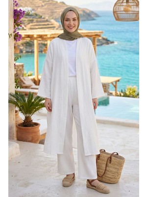 Modestim Kadın Ekru Belden Bağlamalı Yazlık Şık Trend Uzun Kimono Hırka Pantolonlu Tesettür Takım
