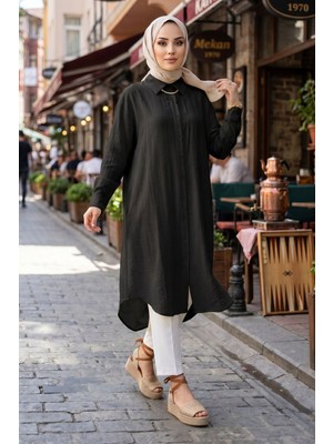 Modestim Kadın Gömlek Yaka Boydan Düğmeli Yazlık Çilek Kumaş 110 cm Siyah Tesettür Uzun Tunik