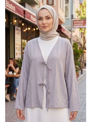 Modestim Kadın Gri Ön Bağlamalı Yeni Sezon Tren Çilek Kumaş Ince Tesettür Kimono Tunik